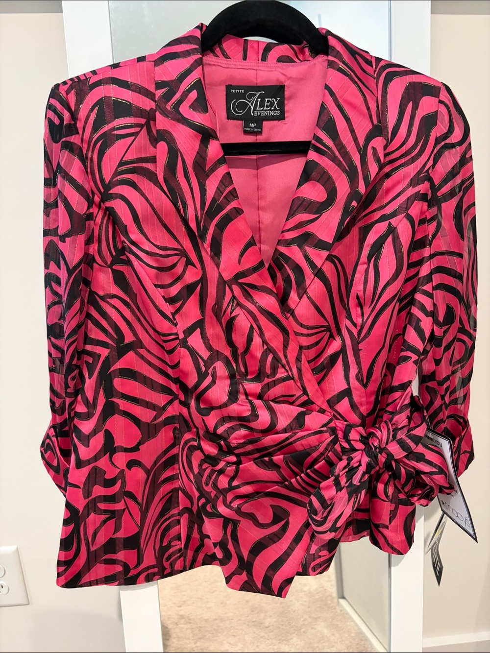 Alex Evenings Pink and Black Wrap-Front Blouse with Side Knot